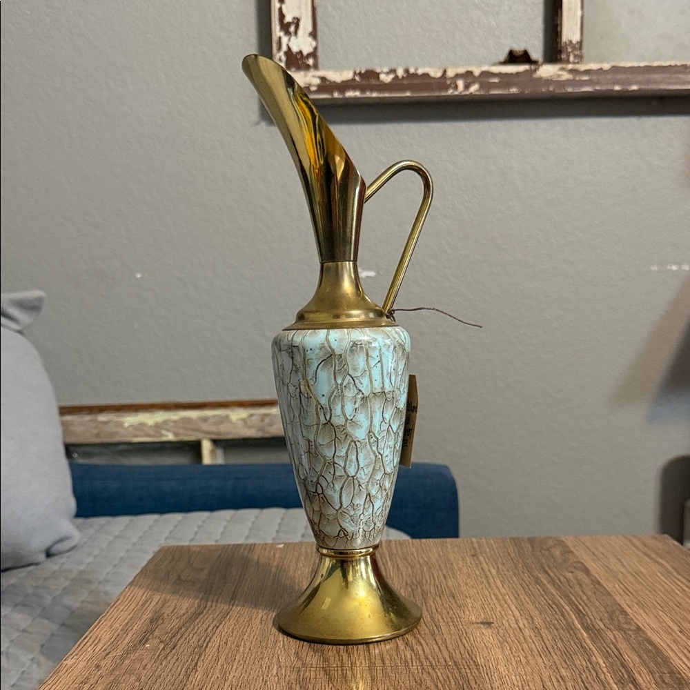 Delft Mid Century Turquoise Aqua Brass Vase Holland 11”